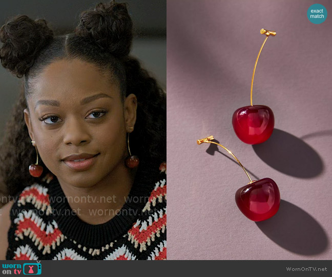 Anthropologie Cherry Drop Earrings in Red worn by Izzy Letts (Jazz Raycole) on The Lincoln Lawyer