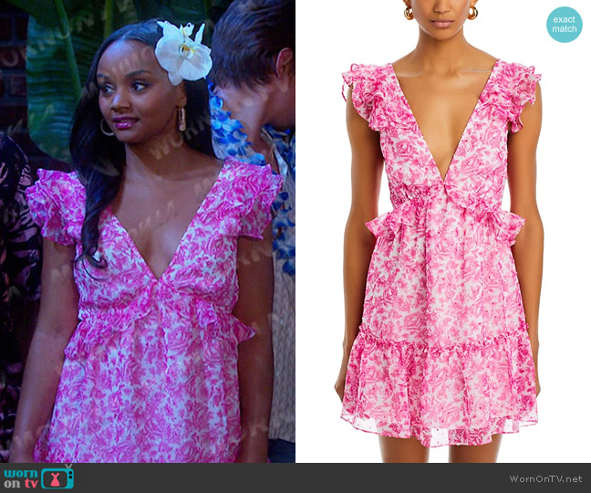 Aqua Floral Ruffle Trim Mini Dress worn by Chanel Dupree (Raven Bowens) on Days of our Lives
