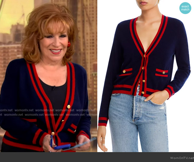Aqua Stripe Trim Novelty Button Cashmere Cardigan worn by Joy Behar on The View