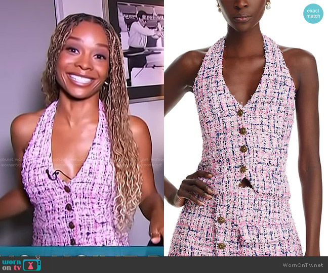 Aqua Tweed Halter Vest worn by Zuri Hall on Access Hollywood