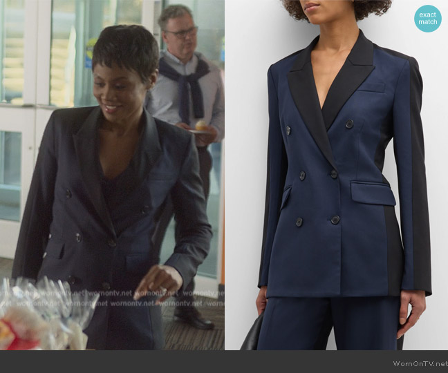 Argent Double-Breasted Colorblock Wool Blazer worn by Jax Stewart (Emayatzy Corinealdi) on Reasonable Doubt