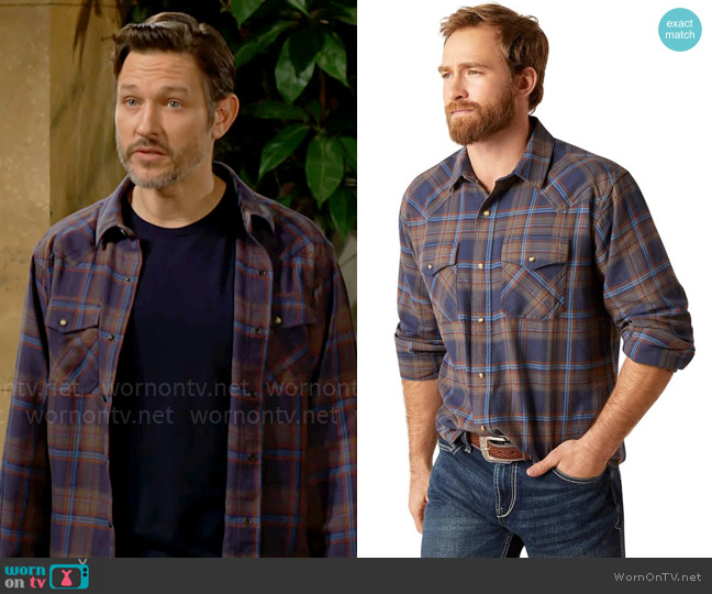 Ariat Hendrix Retro Fit Shirt in Mood Indigo worn by Daniel Romalotti (Michael Graziadei) on The Young and the Restless