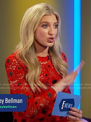 Ashley Bellman’s red floral crochet knit top and skirt on E! News