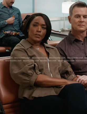 Athena’s khaki puff sleeve peplum jacket on 9-1-1