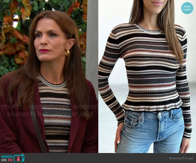 Autumn Cashmere Striped Rib Crew W/ Ruffle Edge in Neutral Combo worn by Chelsea Lawson (Melissa Claire Egan) on The Young and the Restless