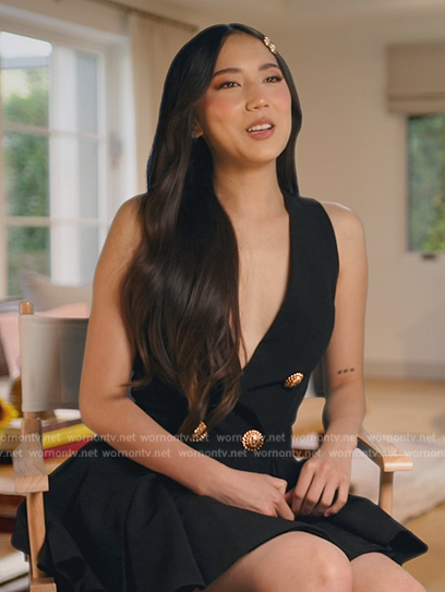 Kaili Ginella’s black double breasted confessional dress on The Real Housewives of Orange County