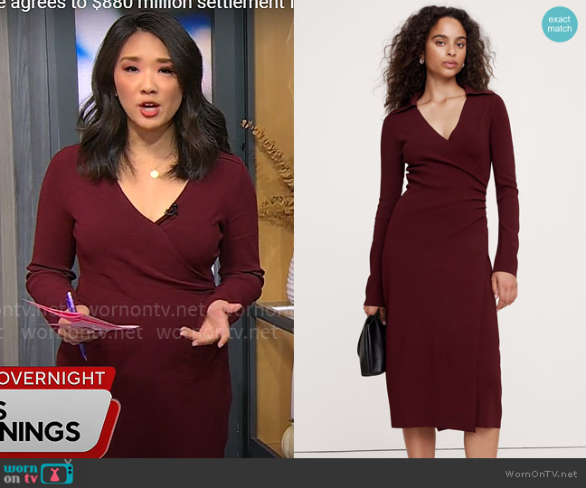 Banana Republic Polo Wrap Sweater Dress in Red Cherry Jam worn by Nancy Chen on CBS Mornings
