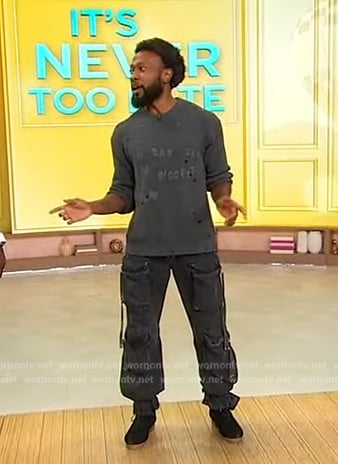 JaBowen’s gray distressed sweater and cargo pants on Sherri