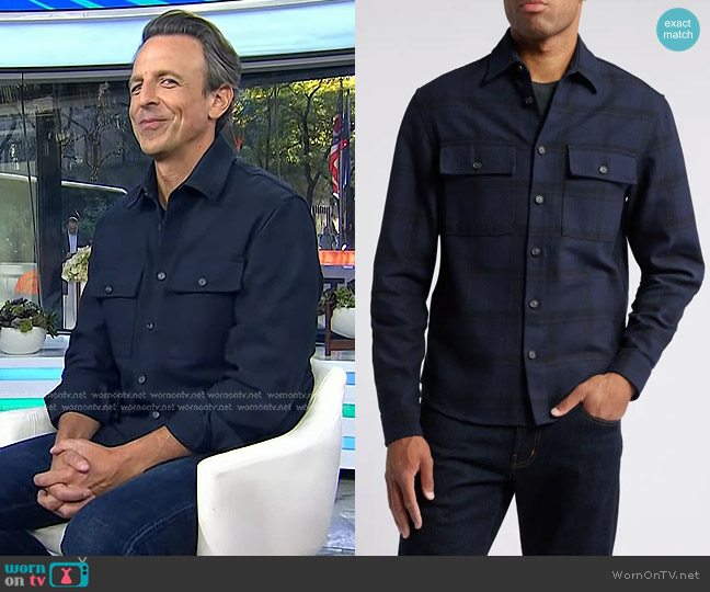 Boss Owen Shadow Check Button-Up Overshirt in Dark Blue worn by Seth Meyers on Today