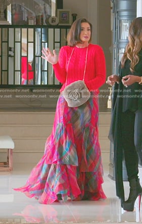 Bronwyn’s red cable knit sweater and plaid maxi skirt on The Real Housewives of Salt Lake City