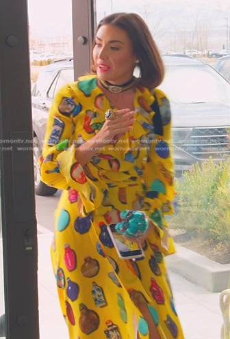 Bronwyn’s yellow bottle print dress on The Real Housewives of Salt Lake City