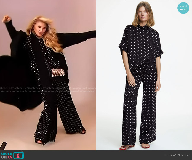 Carolina Herrera Satin Oversize Top with polka dots worn by Christie Brinkley on Access Hollywood