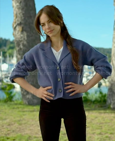 Cassandra’s blue cardigan on Murder in a Small Town