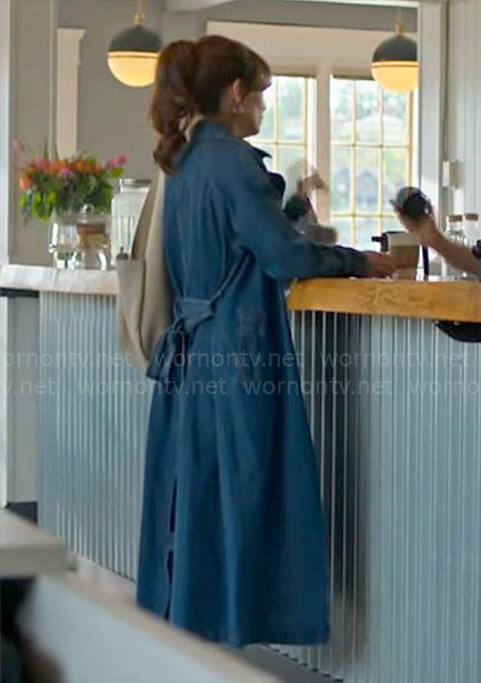 Cassandra’s denim trench coat on Murder in a Small Town