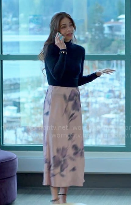 Cassandra’s pink floral slip skirt on Murder in a Small Town