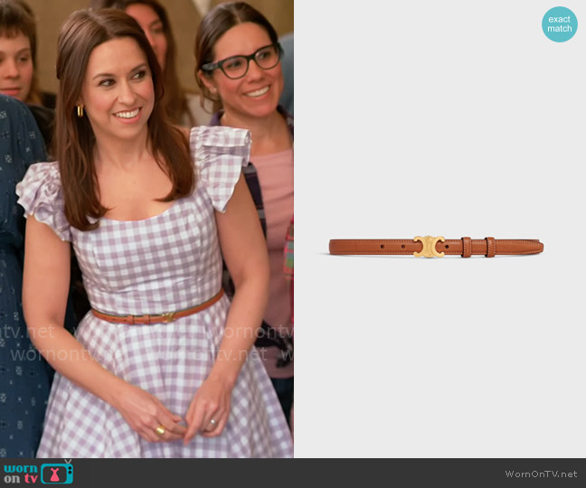 Celine Small Triomphe Belt in Natural Calfskin in Tan worn by Lacey Chabert on Celebrations with Lacey Chabert