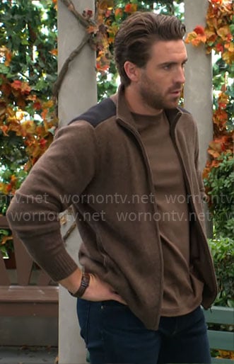 Chance’s brown zip up cardigan on The Young and the Restless