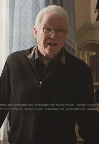 Charles’s black stripe collar cardigan on Only Murders in the Building