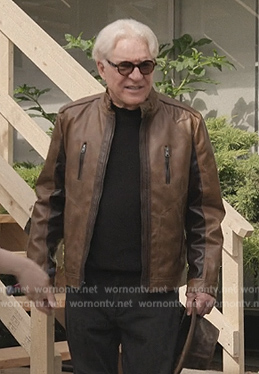Charles’s brown leather jacket on Only Murders in the Building