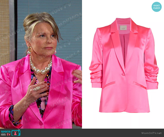 Cinq a Sept Kylie Notched Satin Single-Button Blazer in Electric Pink worn by Bonnie Lockhart (Judi Evans) on Days of our Lives