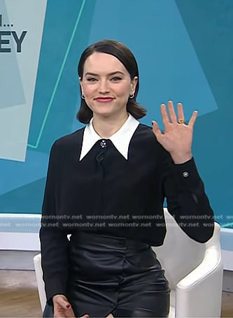 Daisy Ridley’s black contrast collar blouse on Today