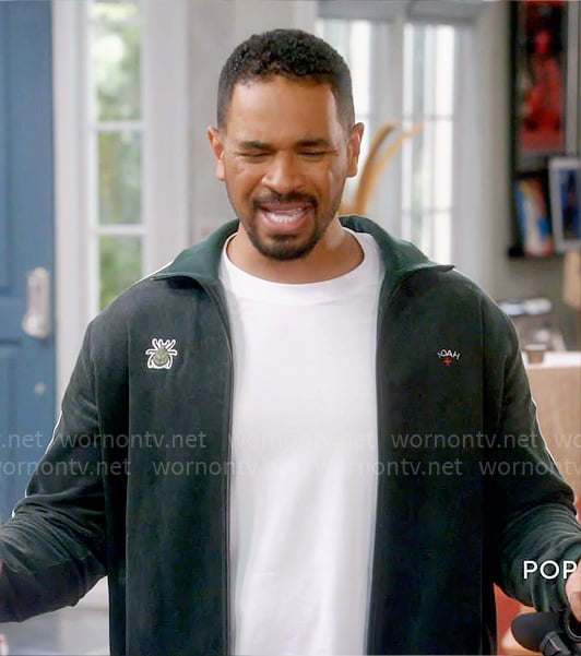 Damon’s green beetle track jacket on Poppas House
