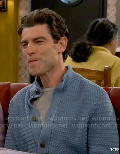 Dave’s blue textured cardigan on The Neighborhood
