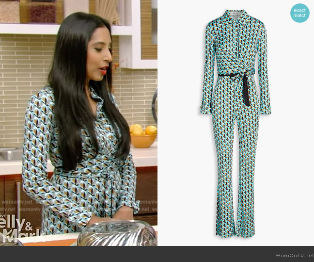 Diane von Furstenberg Michele printed jersey wide-leg jumpsuit worn by Dr Roshini Raj on Live with Kelly and Mark