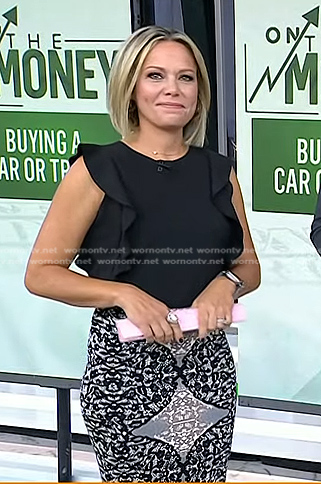 Dylan’s black ruffle top and print pencil skirt on Today