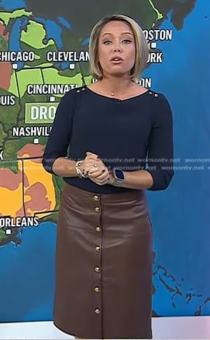 Dylan’s navy button shoulder top and brown leather skirt on Today