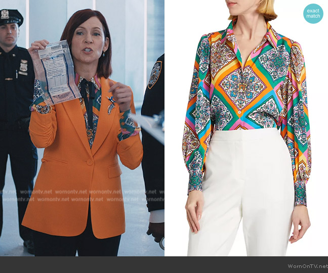 Elie Tahari Molly Mosaic Silk Blouse worn by Elsbeth Tascioni (Carrie Preston) on Elsbeth