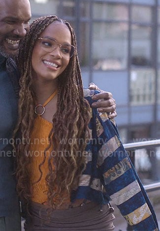 Elle’s orange ring halter top and patchwork jacket on Heartstopper
