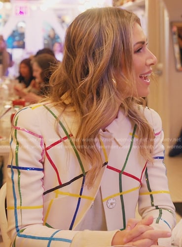 Erin’s white multi-coloured check coat on The Real Housewives of New York City