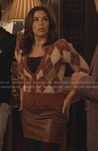 Eva’s argyle fuzzy cardigan on Only Murders in the Building