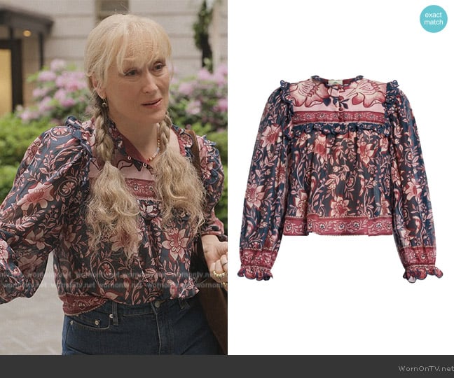 FARM Rio Ainika Charm-print voile blouse worn by Loretta Durkin (Meryl Streep) on Only Murders in the Building