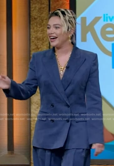 Florence Pugh’s blue suede suit on Live with Kelly and Mark