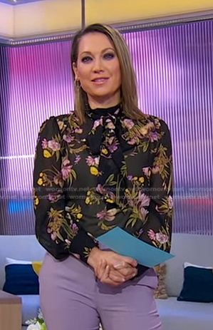 Ginger’s black floral tie neck blouse on Good Morning America