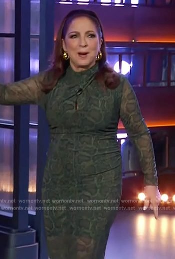 Gloria Estefan’s green mesh snake kin print dress on The Kelly Clarkson Show