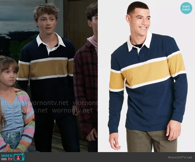 Goodfellow & Co Long Sleeve Rugby Polo Shirt in Navy Blue worn by Danny Morgan (Asher Antonyzyn) on General Hospital