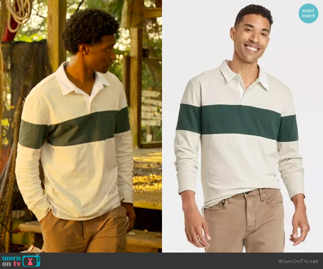 Goodfellow & Co Long Sleeve Rugby Polo Shirt worn by Pope (Jonathan Daviss) on Outer Banks