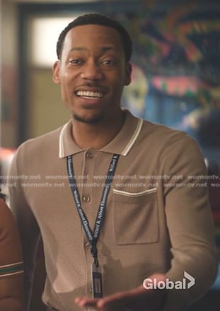 Gregory’s taupe button down knit shirt on Abbott Elementary