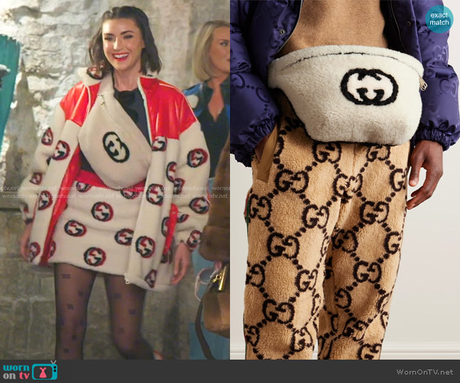 Gucci Leather-Trimmed Logo-Jacquard Shearling Belt Bag worn by Bronwyn Newport on The Real Housewives of Salt Lake City