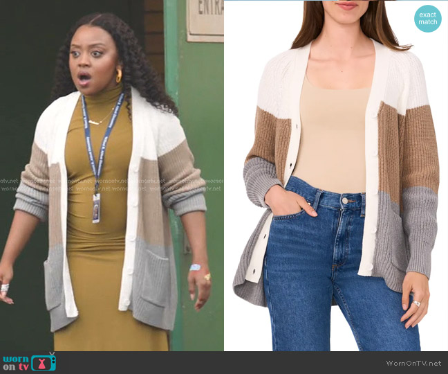 Halogen Oversize Colorblock Cardigan in New Ivory White worn by Janine Teagues (Quinta Brunson) on Abbott Elementary