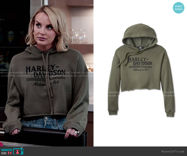Harley Davidson Cropped Fleece Hoodie in Military Green worn by Whitney Rose on The Real Housewives of Salt Lake City