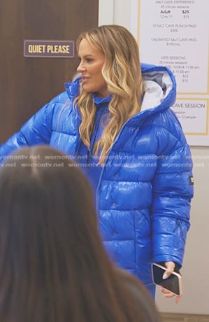 Heather’s blue mesh top and padded jacket on The Real Housewives of Salt Lake City