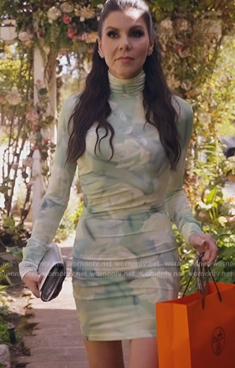 Heather’s green floral print mesh dress on The Real Housewives of Orange County