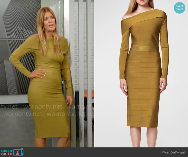 Herve Leger Off-the-shoulder bandage midi dress worn by Phyllis Summers (Michelle Stafford) on The Young and the Restless