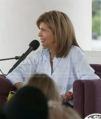 Hoda’s blue embellished shirt and flare jeans on Today