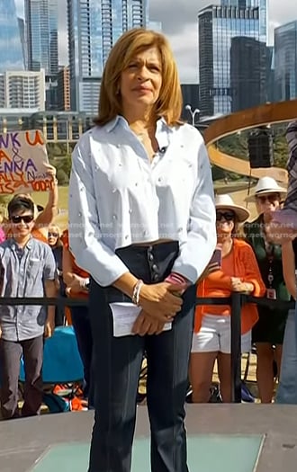 Hoda’s blue embellished shirt and flare jeans on Today