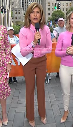 Hoda’s pink collared sweater and brown seamed pants on Today